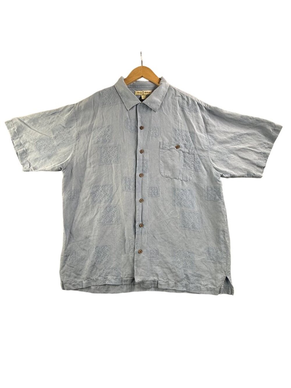 Tommy Bahama Shirt Mens Large Blue Silk Linen Hawaiian Button Up Short Sleeve